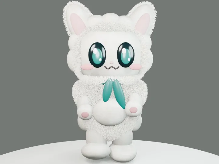 A small white character with teal eyes and a teal scarf on a pale stage.