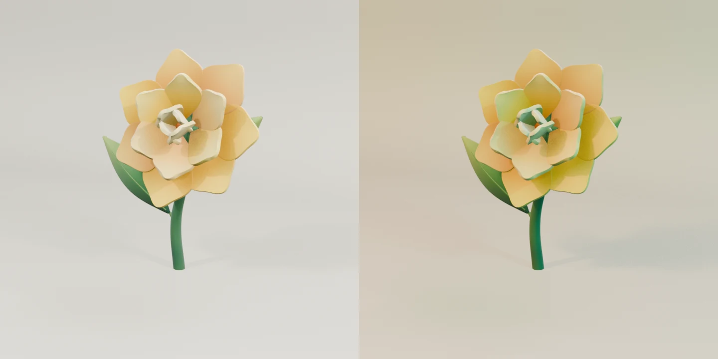 The same sculpted yellow flower in neutral light on the left and warmer story light on the right.