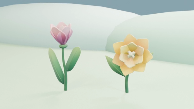 A pink sculpted flower and a layered yellow flower in a simple green landscape.