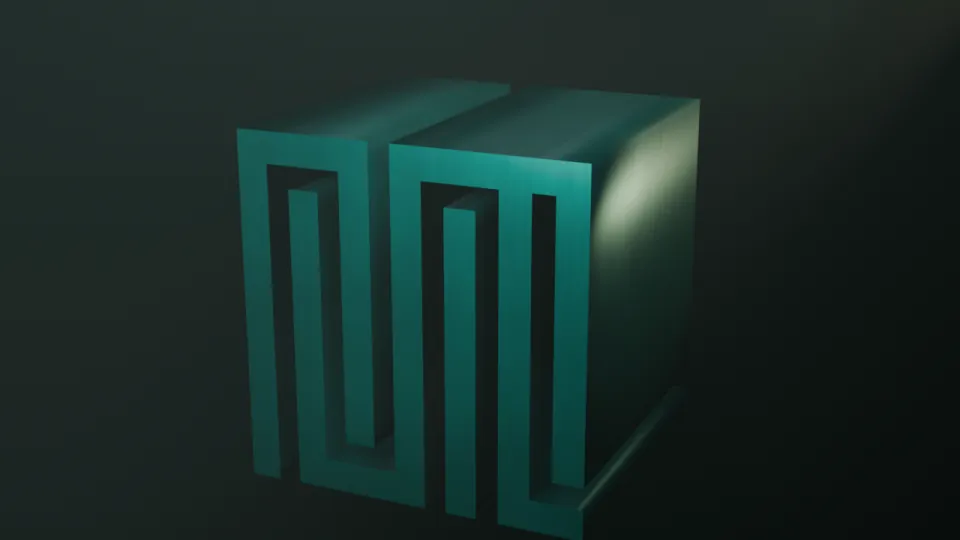 The extruded Pume mark in dark green, lit across its front and side.